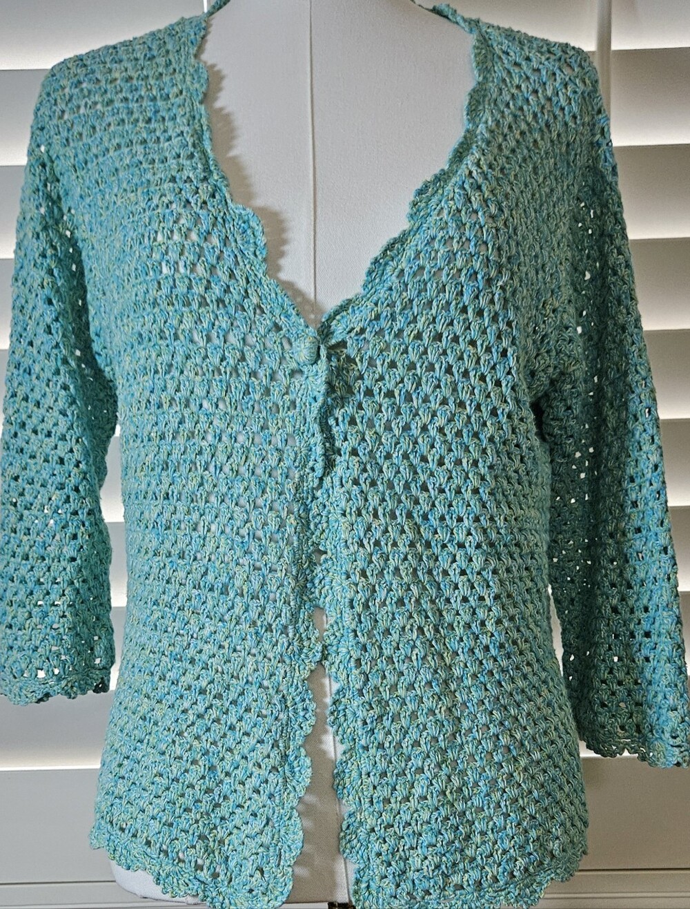 VIntage Norm Thompson, Crochet Cardigan Linen Blend, Open Knit Scalloped (L)